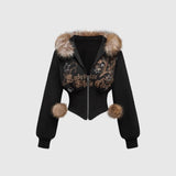 Winter Warm Gothic Print Hoodie Women's Clothin Faux Fur Crop Top Zip-Up Sweatshirt Fashion Y2K Streetwear Hooded Jacket 2026New