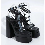 Women Sandals Brand New Sexy Chunky High Heels Pumps Platform Dress Shoes Party Wedding Shoes Cross Lace Up Female Sandals 2025