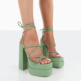 FF2025 New Fashion Solid Colored Cross-tied Heels Supper High Platform Dressing Sandals Peep-toe Square Heel Summer Footwear