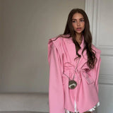 Chic Oversize Floral Printed Women Jacket Padded Lapel Lace Up Loose Coat Long Sleeve High Waist Outwears 2025 Lady Streetwear