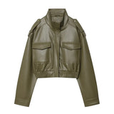 MUJER Faux Leather Cropped Jacket Women Bomber Demi-season Jackets for Women Long Sleeve Women's Coats Zip Overcoat Jacket Women