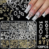 120Pcs/Box 3D Silver Exquisite Bowknot Nail Charms Simple Alloy Ribbon Bowtie Nail Art Decorations DIY Luxury Manicure Accessory