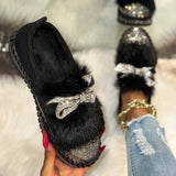 Trend Women Sneakers Furry Crystal Bow  Women Casual Shoes Flat Platform Loafers Short Plush Warm Autumn Winter Sneakers Woman