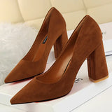 Summer Women 8.5cm High Heels Pumps Escarpins Elegant Sweet Lady Wedding Block Square Middle Heels Flock Suede Nightclub Shoes
