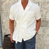 2025 Summer New Casual Fashion Commuting Comfortable Men's Solid Color Cotton and Hemp Suit Collar Strap Short Sleeve Shirt