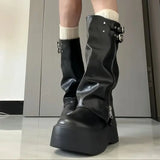 2026Arrival Fashionable Wide-Leg Knight Long Boots with Inner Elevator & Thick Sole, Side Zipper, Belt Buckle and Slouchy Design