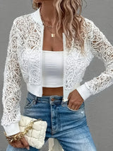 European and American style white lace zipper short coat fashionable hollow slim cardigan top, new in spring and autumn