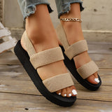 Ladies Elastic Flat Sandals Simulated Grass Weave Lightweight Beach Casual Shoes Classic Black