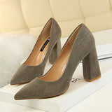 Summer Women 8.5cm High Heels Pumps Escarpins Elegant Sweet Lady Wedding Block Square Middle Heels Flock Suede Nightclub Shoes