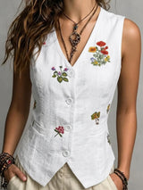 Spring Summer Autumn Linen Gilet with Unique Random Embroidery, Elegant Versatile Commuter Outer‑wear Vest