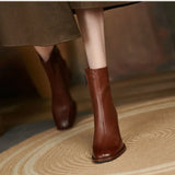 2024 Autumn and Winter New Fashion Square Head Retro High Thick Heel Side Zipper Skinny Short Boots Women's All-match Nude Boots