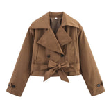 SLTNX 2026 New Women's British Wind Trench Coat Style Double-breasted Long Sleeve Belt Lapel Jacket Short Coat