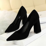 Summer Women 8.5cm High Heels Pumps Escarpins Elegant Sweet Lady Wedding Block Square Middle Heels Flock Suede Nightclub Shoes