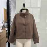 Fashion Short Woolen Coat For Women Stand Collar Full Sleeve Loose Zipper Jacket Female 2025 Spring Autumn Solid Lady Outwear