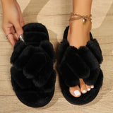 Women's Fluffy Cross Strap Fur Slippers Lightweight Soft Warm Plush House Slippers Woman Autumn Winter Flat Indoor Fuzzy Slides