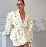 Chic Oversize Floral Printed Women Jacket Padded Lapel Lace Up Loose Coat Long Sleeve High Waist Outwears 2025 Lady Streetwear