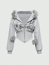 Winter Warm Gothic Print Hoodie Women's Clothin Faux Fur Crop Top Zip-Up Sweatshirt Fashion Y2K Streetwear Hooded Jacket 2026New
