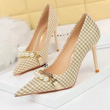BIGTREE Shoes 2026 Spring Women Pumps Pearl Metal Chain High-heels Checked Grain Stilettos Women Heels Luxury Banquet Shoes 43