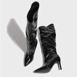 Liyke Fashion Runway Pleated Patent Leather Boots Female Pointed Toe Stiletto Heels Pumps Autumn Winter Knee High Shoes Women