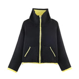 2025 Winter New Product Women's Lazy Style Loose Contrasting Color Decorative Layer Knitted Pilot Jacket Coat