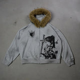 Winter Fashion Streetwear Women's Gothic Printed Faux Fur Hooded Jacket Trendy Edgy Zip - Up Sweatshirt 2026 New Arrival
