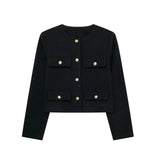 HH Women Vintage Solid Coat Button Long Sleeve O Neck Jacket With Pocket 2024 Spring Elegant Female Casual Outerwear Jakcet