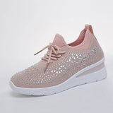 Women's Rhinestone Embellished Knit Mesh Wedge Sneakers, Adjustable Lace-Up Closure, Daily Walking Casual Footwear