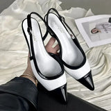 Designer Black White Mixed Color Low Heeled Sandals Women Sexy Pointed Toe Slingbacks Chunky High Heels for Women Elegant Heels