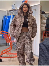 Chic Leopard Hooded Puffer Coat Set Women Quilted Full Sleeve Zip Jacket Wide Leg Pants 2026 New Lady Winter Thicken Warm Outfit