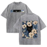 Vintage Washed Black Cat Floral T Shirt Double Sided Print Streetwear Casual Tee