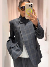 Chic Plaid Women Blazer Jackets Casual Split Loose Stand Collar Full Sleeve Short Jacket 2026 Lady Fashion Daily Commute Outwear