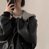 Korean High-end Black PU Leather Jacket Women Fashion Hooded Loose Spring Autumn Zipper Fake Two-Piece Versatile Outerwear