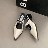 Summer Women Cover Toe Mules Slippers Fashion Metal Decoration Thick Heel Slide Shoes Comfort Street Style Footwear