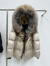 Fox Fur Jacket Women Loose Hooded White Goose Down Coat Female New Autumn Winter Thick Warm Natural Real Fur Puffer Jacket Lady