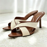 Brown Wide Cross-Tied Women Slippers Elegant Contrast Material Piping Mule Sandals for Ladies Sexy Pointed Open Toe High Heels