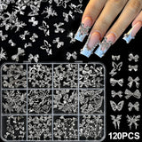 120Pcs/Box 3D Silver Exquisite Bowknot Nail Charms Simple Alloy Ribbon Bowtie Nail Art Decorations DIY Luxury Manicure Accessory