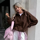 Women Autumn Winter Fleece Hoodies Elegant Stand Collar Zipper Loose Sweatshirt Elegant Solid Pullover Casual Top Streetwear