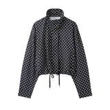 HH Fashion Women's Polka Dot Print Short Coats Autumn Long Sleeves Turtleneck Zipper With Pockets Drawstring Casual Jacket