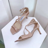 Luxury Sequined Women Gladiator Sandals Summer Designer Shoes for Women 2026 Square Head Hollow High Heels Fashion Ladies Shoes