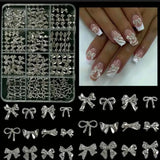 120Pcs/Box 3D Silver Exquisite Bowknot Nail Charms Simple Alloy Ribbon Bowtie Nail Art Decorations DIY Luxury Manicure Accessory