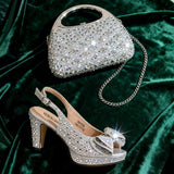Elegant Italian Women’s Fuchsia Rhinestone Peep-Toe High Heel Sandals and Matching Bag Set – Perfect for Weddings and Parties