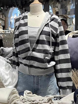 Stripes Vintage Zip-up Hoodie Woman Drawstring Hooded Long Sleeve Cotton Coat Casual Preppy Style Sweet Cute Hoodies Top Clothes