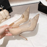 Women's high heels and single shoes for spring and summer  new mesh diamond fashion banquet pointed women's shallow mouth shoes