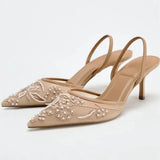 Sexy Pointed Toe Mesh Embroider High Heels for ladies Elegant String Bead pumps Summer Luxury Designer Shoe Brown Heeled Sandals
