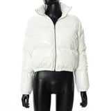 Fashion Cute Women Bright PU Pink Puffer Jacket Winter Warm Bubble Coats Shiny Leather Parkas Down Zipper Cropped Jackets Parkas