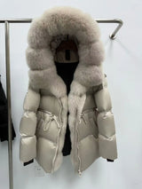 Fox Fur Jacket Women Loose Hooded White Goose Down Coat Female New Autumn Winter Thick Warm Natural Real Fur Puffer Jacket Lady