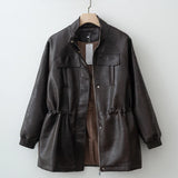 Autumn Winter Pu Leather Jacket For Women Solid Full Sleeve Elastic Adjustable Waist Coat 2025 New Lady Fashion Casual Outwears