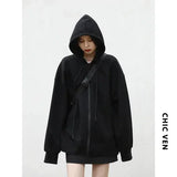 CHIC VEN Women Sweatshirts Hoodies Solid Loose Casual Hooded Female Tops Lady Coat Medium Length Overcoat Spring Autumn 2025