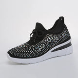 Women's Rhinestone Embellished Knit Mesh Wedge Sneakers, Adjustable Lace-Up Closure, Daily Walking Casual Footwear