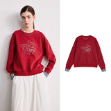 TOYOUTH Women Crewneck Patchwork Plaid Fake Two-Piece Pony Embroidery Loose Sweatshirt 2026 Spring New Tops